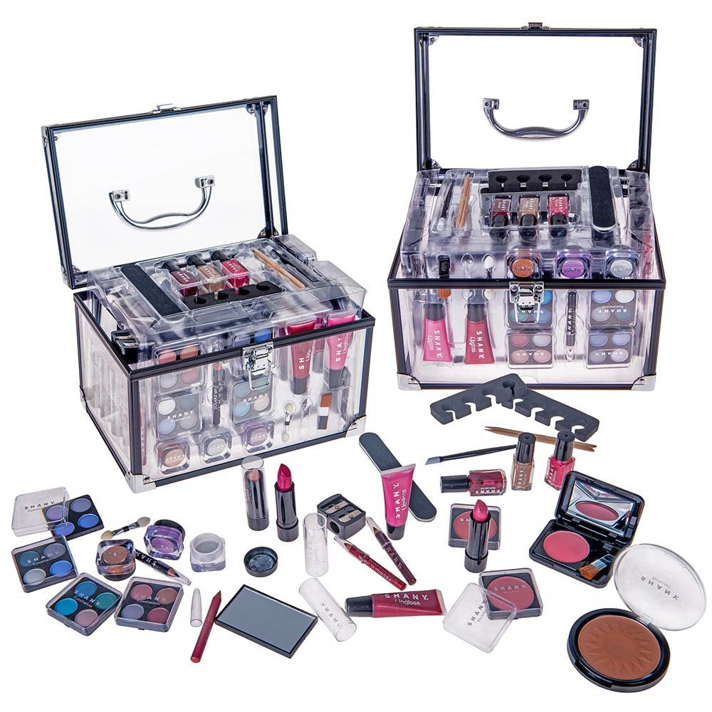 Carry All Trunk Makeup Train Case with Re-Usable Aluminum Beauty Storage Organizer Case. Make up Set with Eye Palettes, Blushes,Face Powders, Manicure, Pedicure and Cosmetics Brushes. GIFT SET