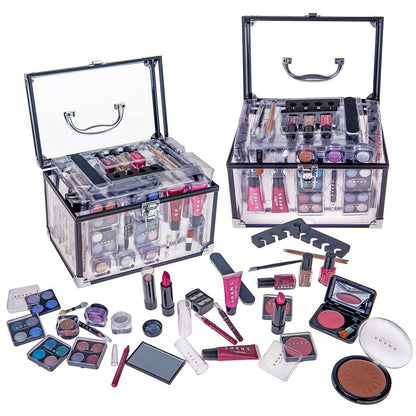 Carry All Trunk Makeup Train Case with Re-Usable Aluminum Beauty Storage Organizer Case. Make up Set with Eye Palettes, Blushes,Face Powders, Manicure, Pedicure and Cosmetics Brushes. GIFT SET