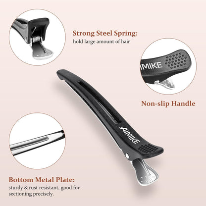 6Pcs Professional Hair Clips for Styling Sectioning, Non Slip No-Trace Duck Billed Hair Clips with Silicone Band, Salon and Home Hair Cutting Clips for Hairdresser, Women, Men - Black 4.3” Long