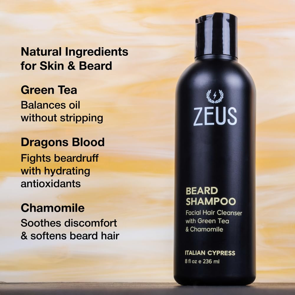 Beard Shampoo Wash, Infused with Green Tea & Natural Ingredients to Cleanse and Soften Beard – 8 Oz. Made in USA – Sandalwood | Cleansing & Moisturizing Beard Wash with Green Tea & Chamomile for Healthier, Softer, Flake Free Beard Growth (Made in USA)